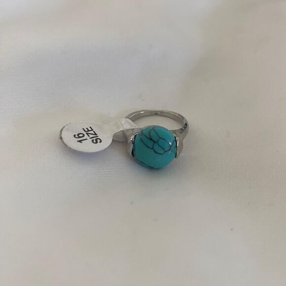 Boho Western Native Silver Toned Faux Turquoise Teal Blue Stone Ring Size 16 - Picture 1 of 3